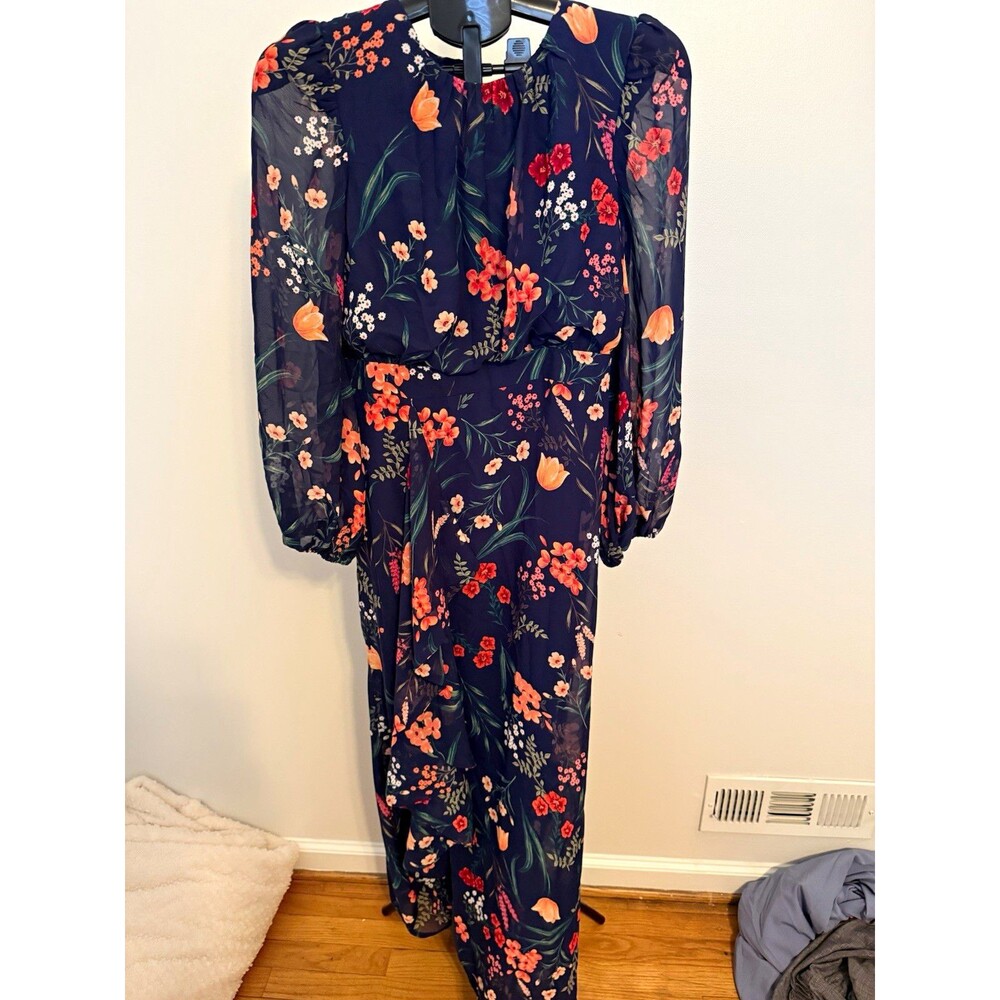 Eliza J Women’s Navy Floral Chiffon Sheer Sleeve Dress